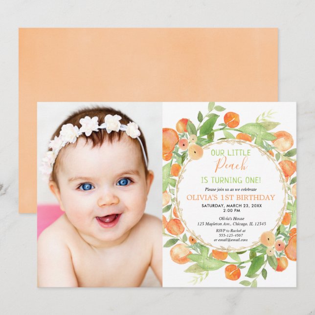 Peach 1st birthday girl, peaches theme photo invitation (Front/Back)