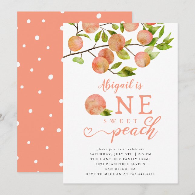 Peach 1st Birthday Party Invitation (Front/Back)