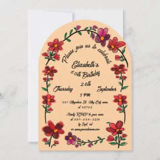 Peach 60th Birthday Party Whimsical Doodle Flowers Invitation
