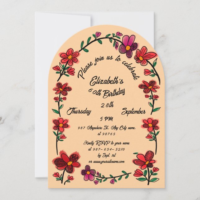 Peach 60th Birthday Party Whimsical Doodle Flowers Invitation (Front)
