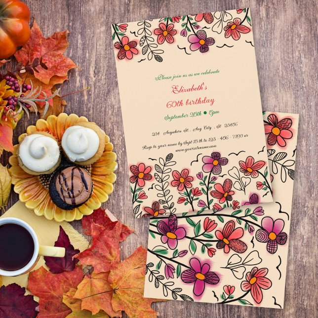 Peach 60th Birthday Spring Unique Doodle Flowers  Invitation (Creator Uploaded)
