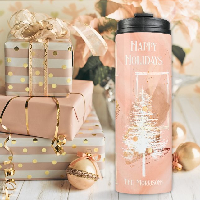 Peach 6 Photo Template White Christmas Tree Thermal Tumbler (Creator Uploaded)
