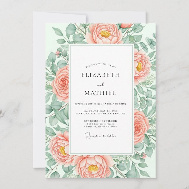 Peach Abundant Watercolor Spring Wedding Invitation (Front)