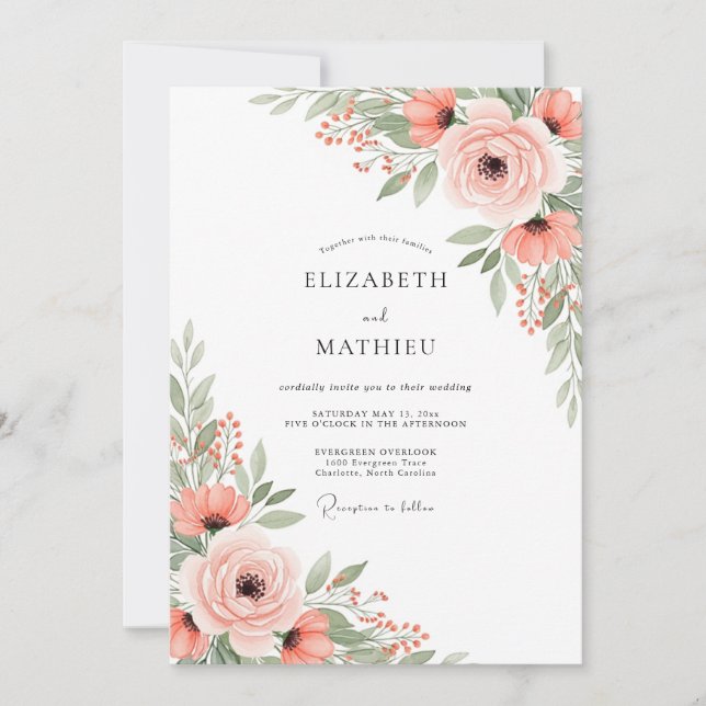 Peach Airy Botanical Spring Wedding Invitation (Front)
