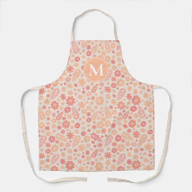 Peach Airy Wildflower Meadow Pattern & Monogram Apron (Front)