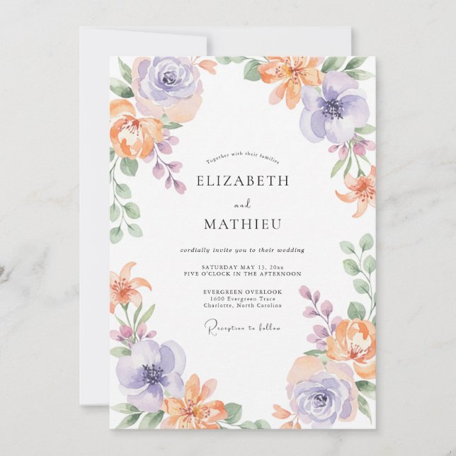 Peach Amethyst Ranunculus Soft Eucalyptus Wedding Invitation (Front)