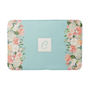 Peach and Aqua Watercolor Floral with Monogram Bath Mat