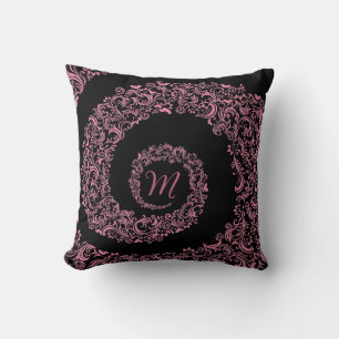 Peach and Black Damask Monogram Cushion