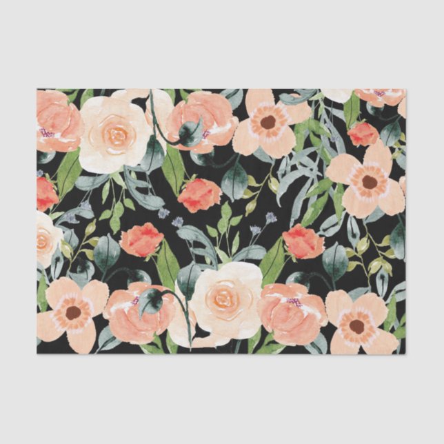 Peach and Black Floral Pattern Tissue Paper (Front)