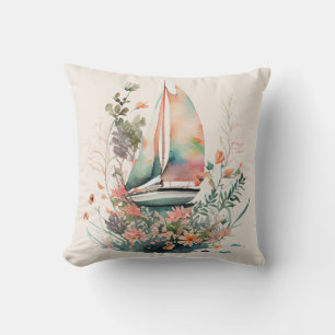 Peach and Black Sailboat Floral Throw Pillow