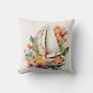 Peach and Black Sailboat Floral Throw Pillow
