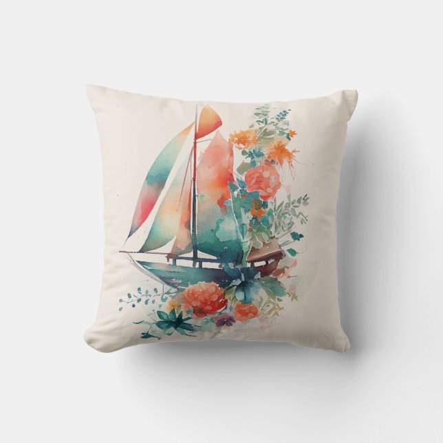 Peach and Black Sailboat Floral Throw Pillow (Front)