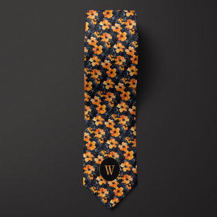 Peach and Black Watercolor Floral Monogram Tie
