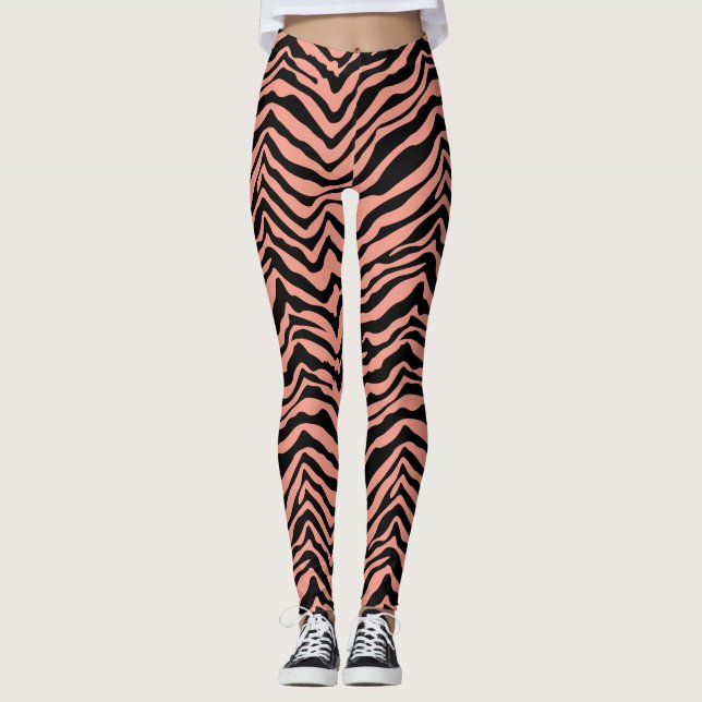 Peach and Black Zebra Animal Pattern Leggings (Front)