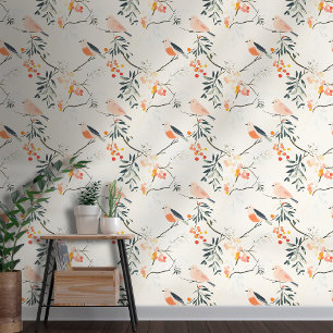 Peach and Blue Birds Chinoiserie Style Wallpaper