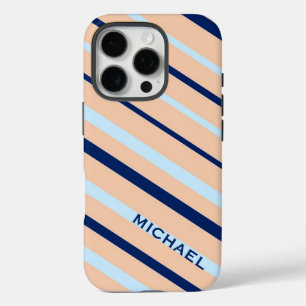 Peach and Blue Diagonal Striped Personalised iPhone 16 Pro Case