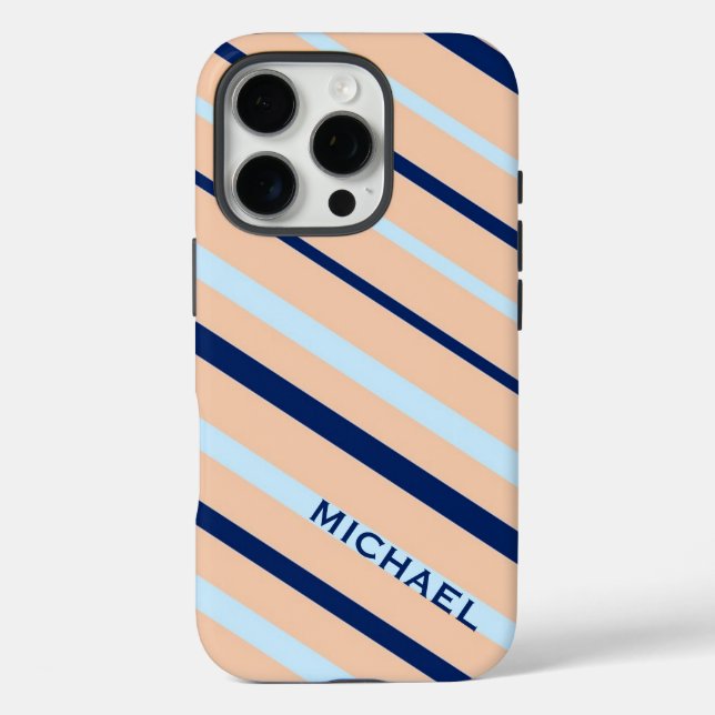 Peach and Blue Diagonal Striped Personalised Case-Mate iPhone Case (Back)