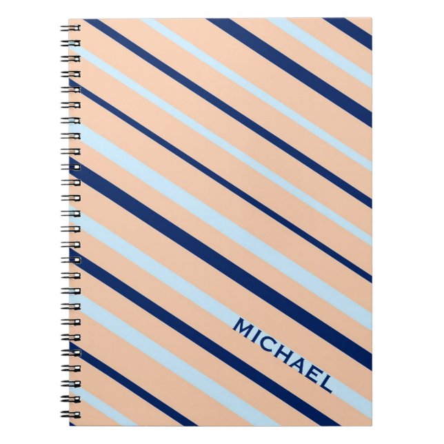 Peach and Blue Diagonal Striped Personalised Notebook (Front)
