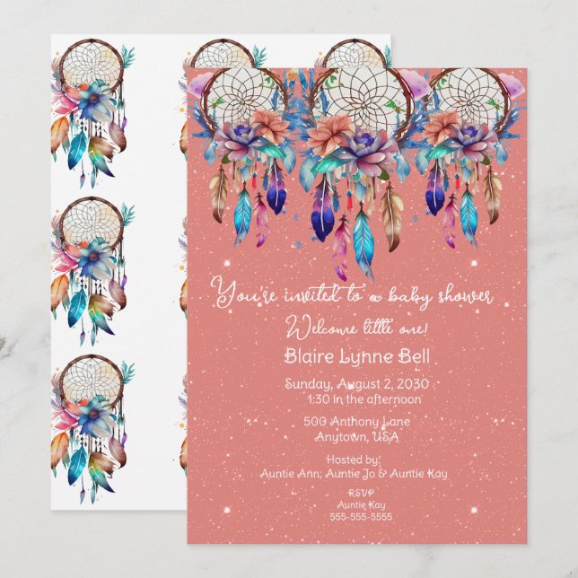 Peach and Blue Dreamcatcher Girl Baby Shower Invitation (Front/Back)