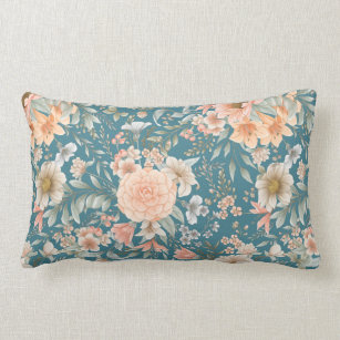 Peach and Blue Floral on Medium Teal Lumbar Cushion