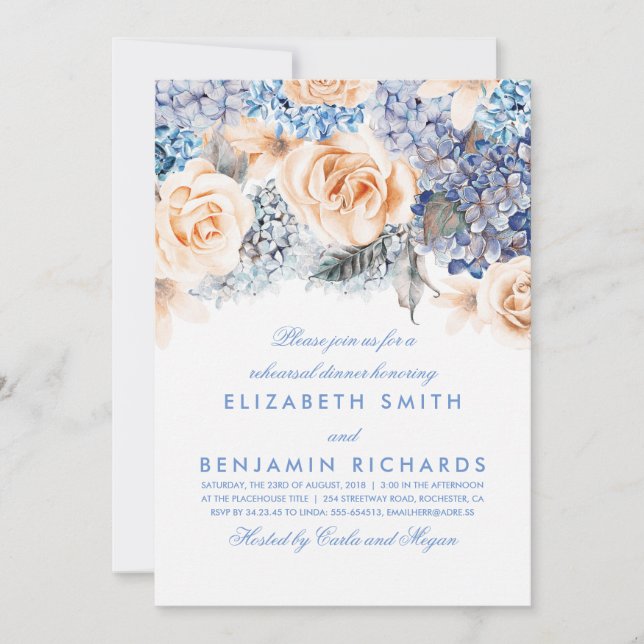 Peach and Blue Floral Watercolors Rehearsal Dinner Invitation (Front)