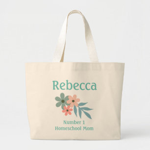 Peach and Blue Flower Number 1 Homeschool Mom Large Tote Bag