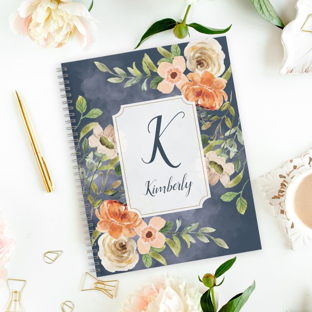 Peach and Blue Monogram Watercolor Floral Notebook (A pretty floral monogrammed notebook for school or journaling.)