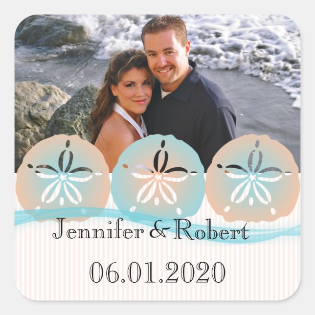 Peach and Blue Sand Dollars Beach Wedding Square Sticker (Front)
