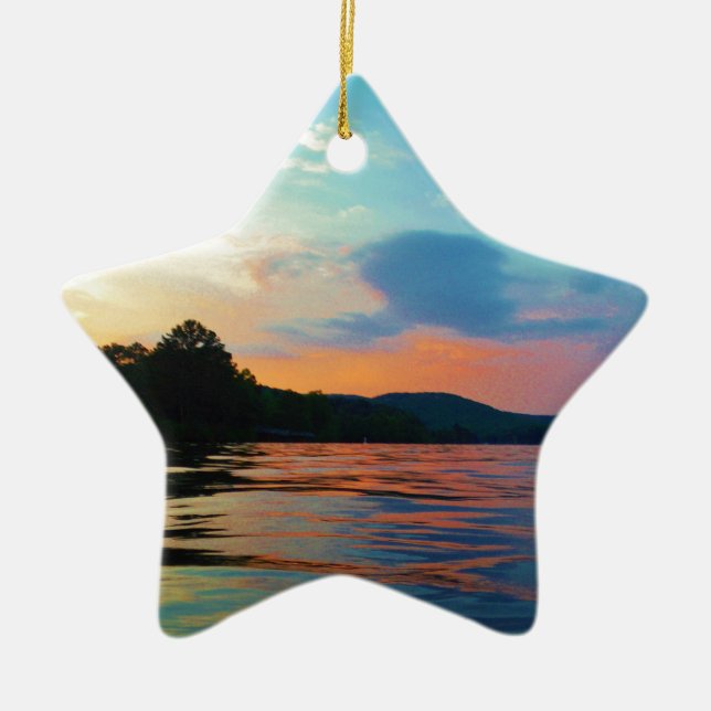 Peach and Blue Sunset on mountain Lake Ceramic Tree Decoration (Front)
