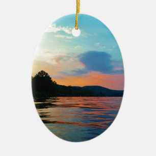 Peach and Blue Sunset on mountain Lake Ceramic Tree Decoration