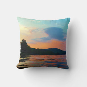 Peach and Blue Sunset on mountain Lake Cushion