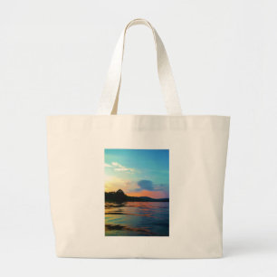 Peach and Blue Sunset on mountain Lake Large Tote Bag