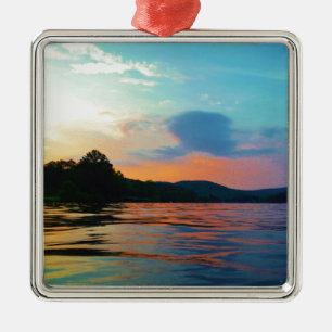 Peach and Blue Sunset on mountain Lake Metal Tree Decoration