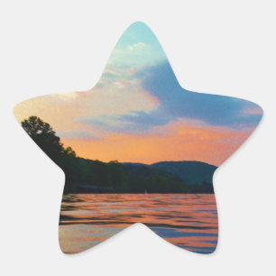 Peach and Blue Sunset on mountain Lake Star Sticker