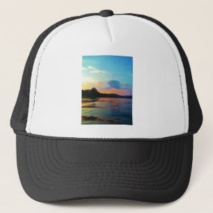 Peach and Blue Sunset on mountain Lake Trucker Hat