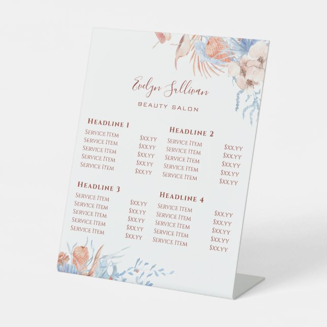 Peach and blue tropical price list pedestal sign (Front)