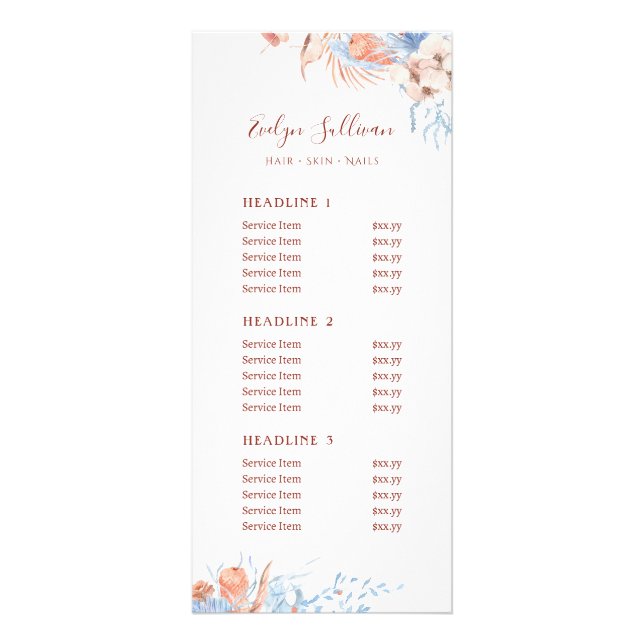 Peach and blue tropical price list rack card (Front)