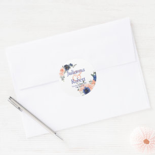 Peach and blue watercolor floral  wedding classic  round sticker