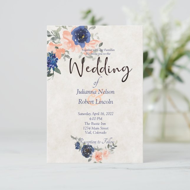 Peach and blue watercolor floral wedding invitatio invitation (Standing Front)