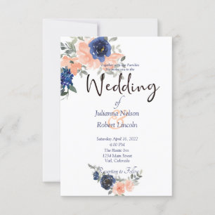 Peach and blue watercolor floral wedding invitatio invitation