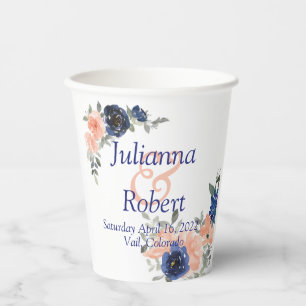 Peach and blue watercolor floral wedding paper cu cups