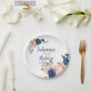 Peach and blue watercolor floral  wedding  paper p plate