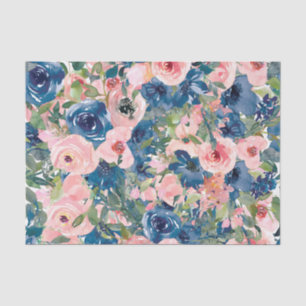 Peach and Blue Watercolor Flowers Decoupage Tissue Paper