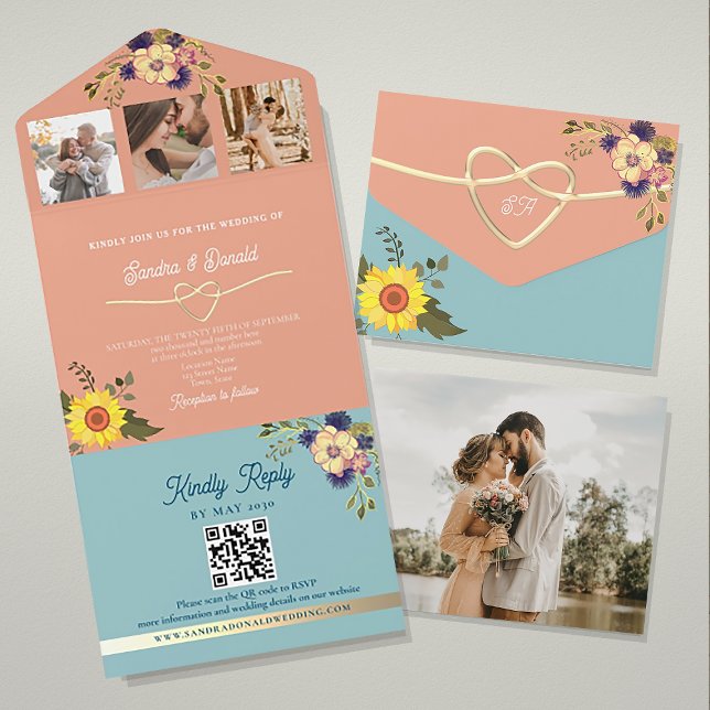 Peach and Blue Wedding Invitation with Sunflowers (Creator Uploaded)