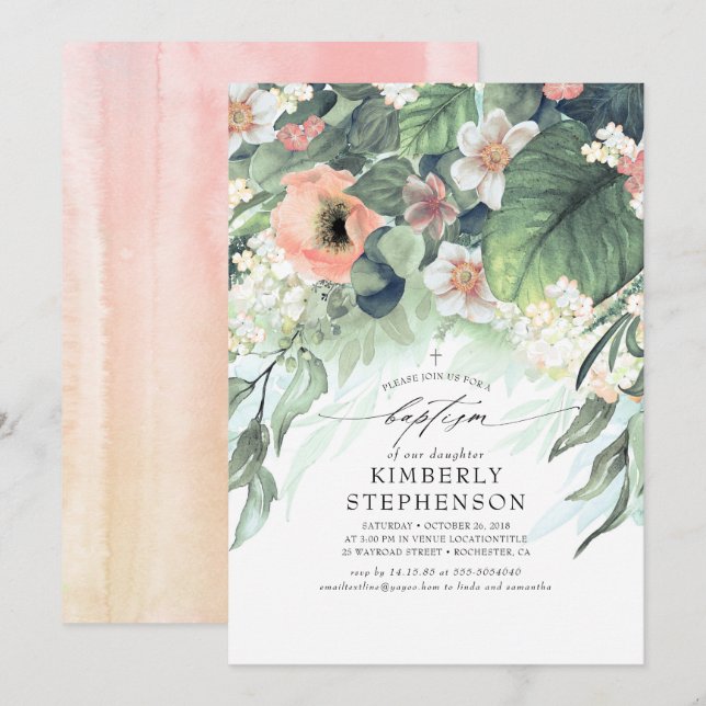 Peach and Blush Pink Floral Elegant Baptism Invitation (Front/Back)