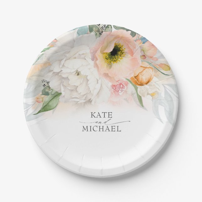 Peach and Blush Pink Floral Wedding Paper Plate (Front)