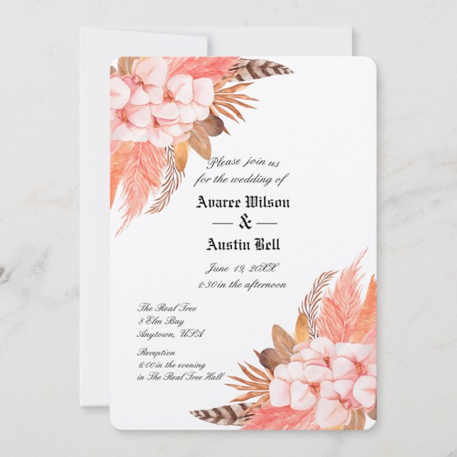 Peach and Brown Pampas Grass Wedding Invitation (Front)