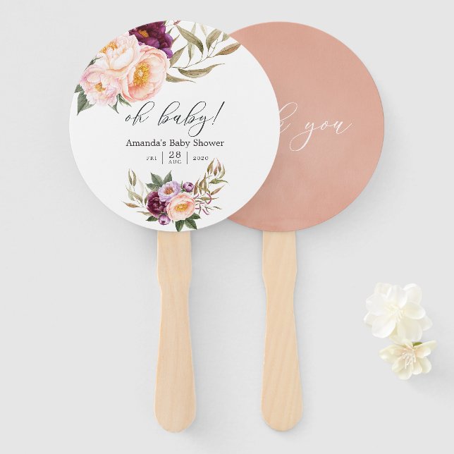 Peach and Burgundy Floral Baby Shower Hand Fan (Front and Back)