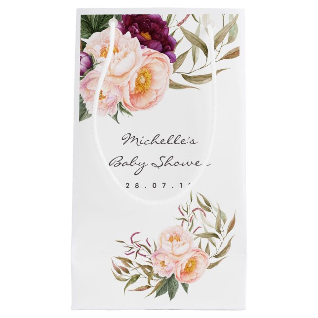 Peach and Burgundy Floral Baby Shower Thank You Small Gift Bag (Front)