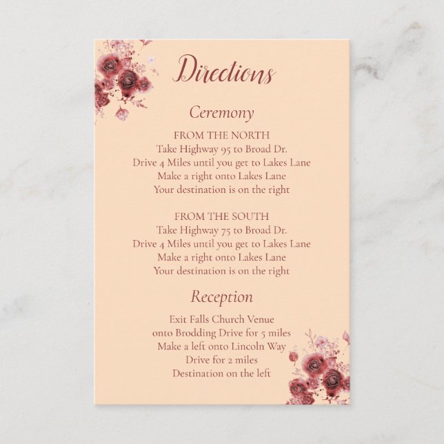 Peach and Burgundy Floral directions Enclosure Card (Front)